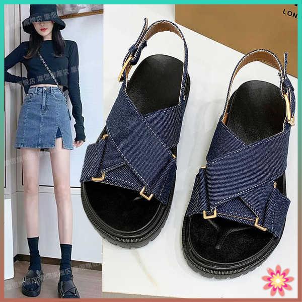 Platform sandals nữ denim cross roman shoes