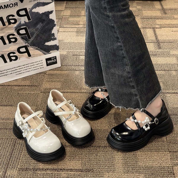 Thick-soled mary jane shoes 2023 phong cách mới chuỗi ngọc trai giày da nhỏ