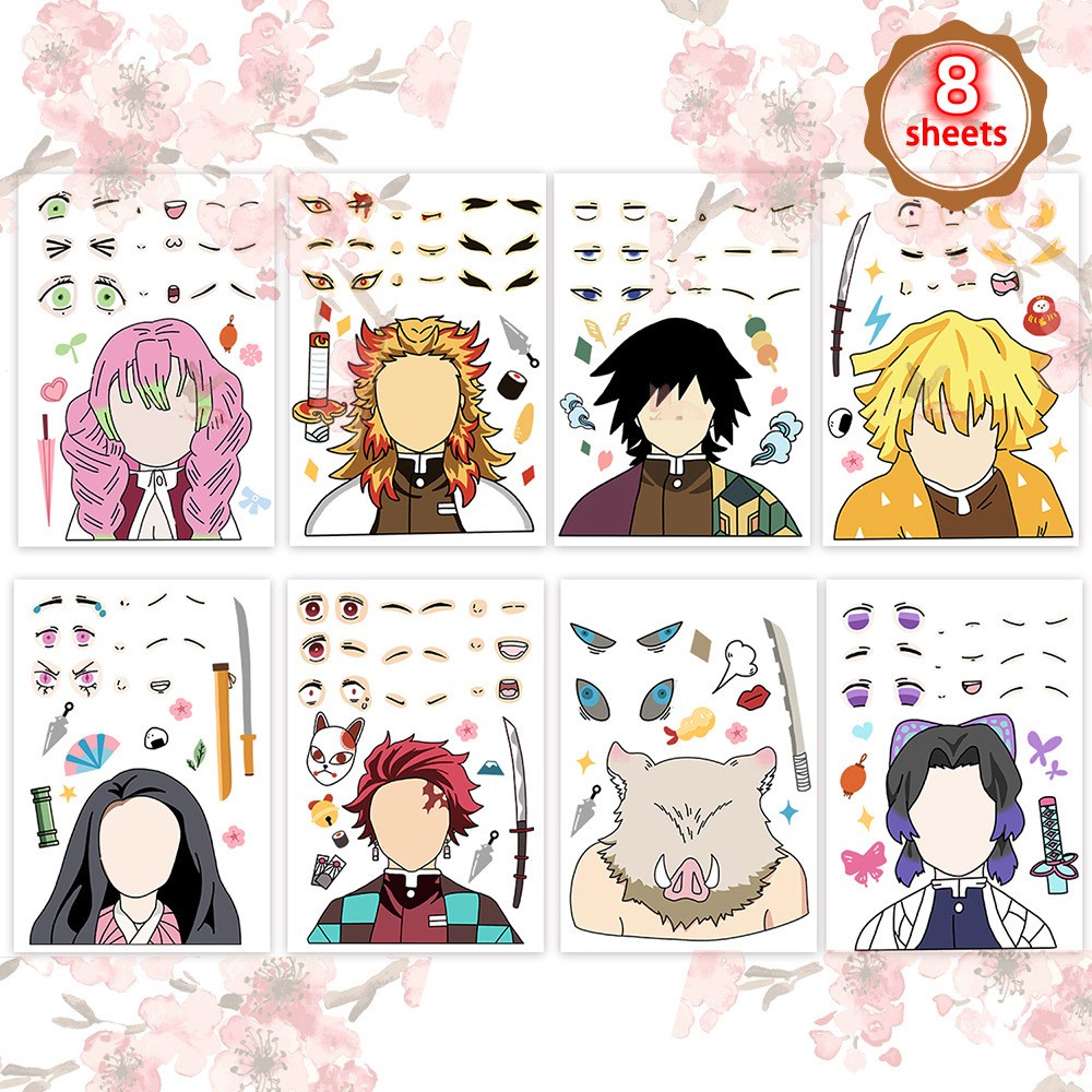 Set 8 Tấm Sticker Dán Trang Trí Sổ Tay / Điện Thoại Chống Thấm Nước Hình Demon Slayer Make a Face