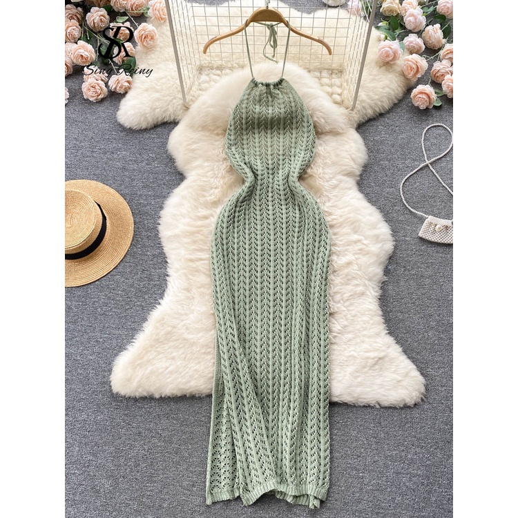มั่นใจได้ว่าจะซื้อSINGREINY Đầm Dệt Kim Hở Lưng Gợi Cảm Đầm XÒE XẺ TÀ Khoét Lỗ Không Tay Cho Nữ Đầm Dài Đi Biển Dệt Kim