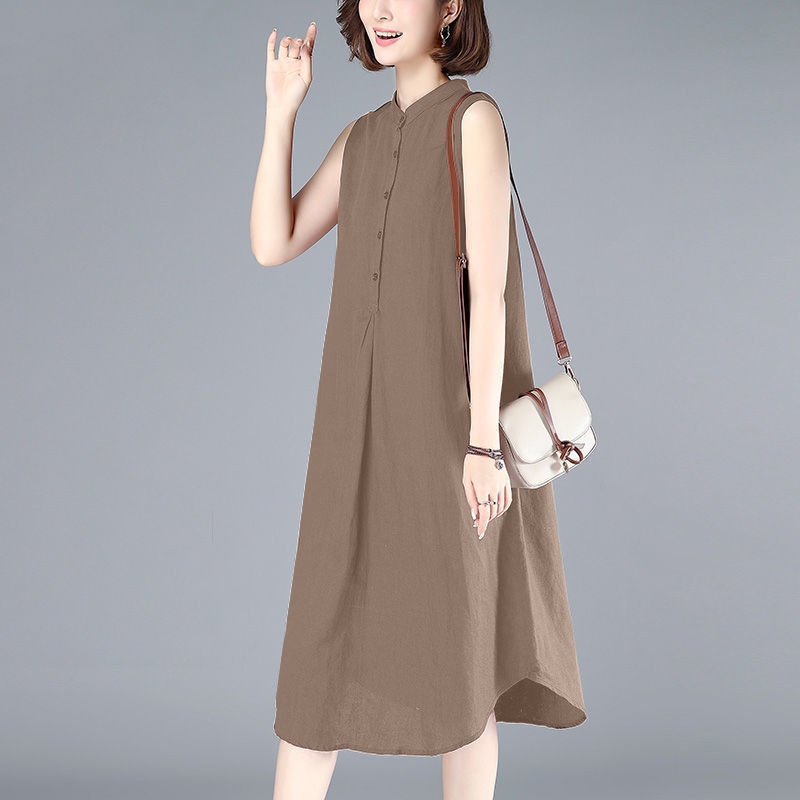 Đầm Vải Lanh Cotton Dáng Rộng Màu Trơn Thời Trang Hàn Quốc 2023 Mới