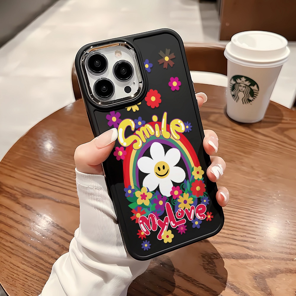 Ốp Điện Thoại Silicone Khung Kim Loại Họa Tiết Hoa Hướng Dương Mặt Cười Cho iphone 14ProMax 11 13 12 7Plus 8 X XS Max