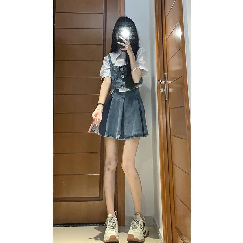 Set Áo Sơ Mi Trắng Tay Phồng + Áo Yếm Denim + Chân Váy Thiết Kế Nhỏ Nhắn Thời Trang Mùa Hè Phong Cách Mới Cho Nữ