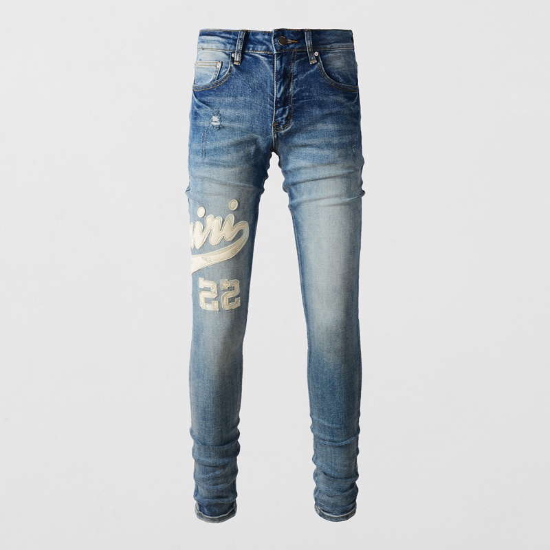 Amiri High Street Fashion Men Jeans Retro Blue Stretch Elastic Skinny Fit Ripped Jeans Men Brand Leather Patch Designer Hip Hop Pants