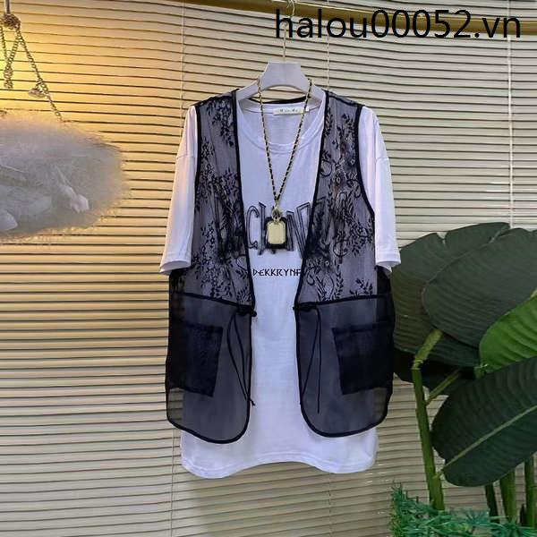 Set Áo Thun Đen Tay Lỡ Phối Lưới Và Áo Sát Nách In Chữ Cỡ Lớn Thời Trang Cho Nữ