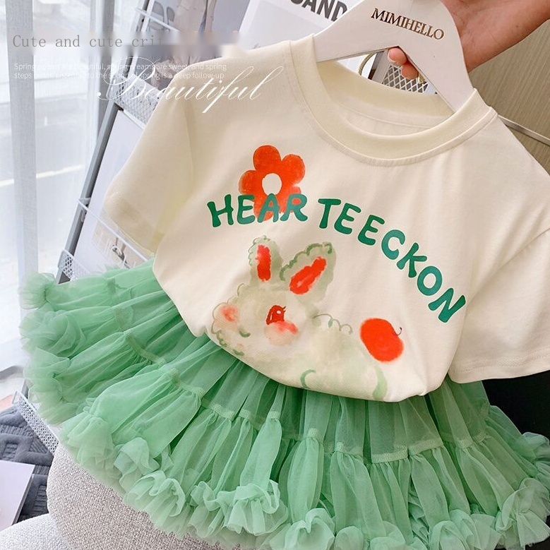 Bộ Áo Thun Tay Ngắn In Hình Thỏ Kèm Chân Váy Thời Trang Mùa Hè Cho Bé Gái