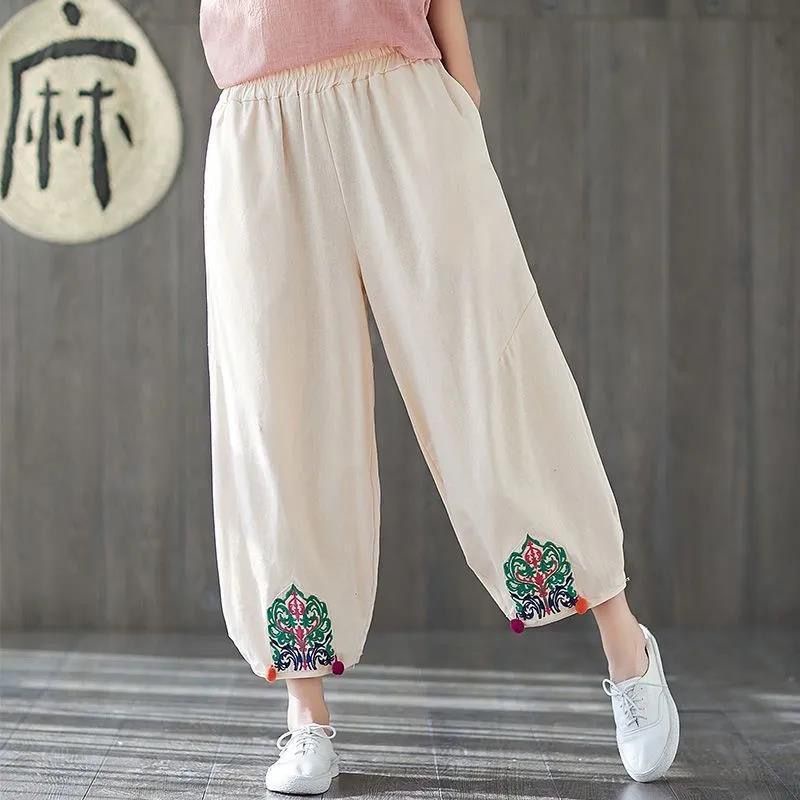 Quần Dài Vải Lanh Cotton Ống Rộng Lưng Thun Phong Cách Trung Hoa Mới Cho Nữ
