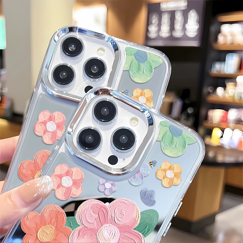 Ốp Điện Thoại Tráng Gương Viền Kim Loại Họa Tiết Hoa Cho iphone 14 pro max 11 12 13 8 7 Plus X XR XSMax