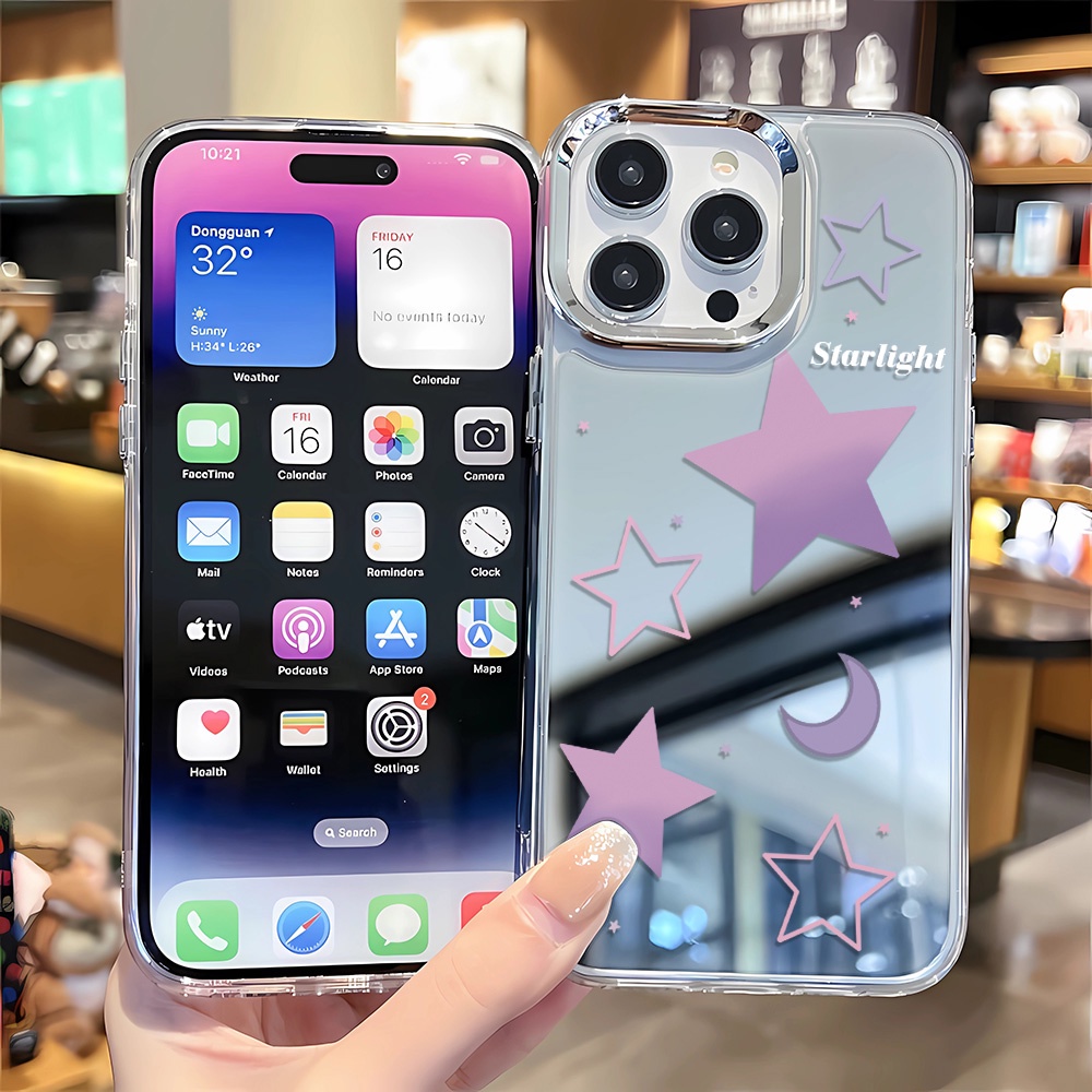 Ốp Điện Thoại Tpu In Hình Mặt Trăng Và Ngôi Sao Với Gương Kim Loại Cho iphone 14 pro max 11 12 13 8 7 Plus X XR XSMax