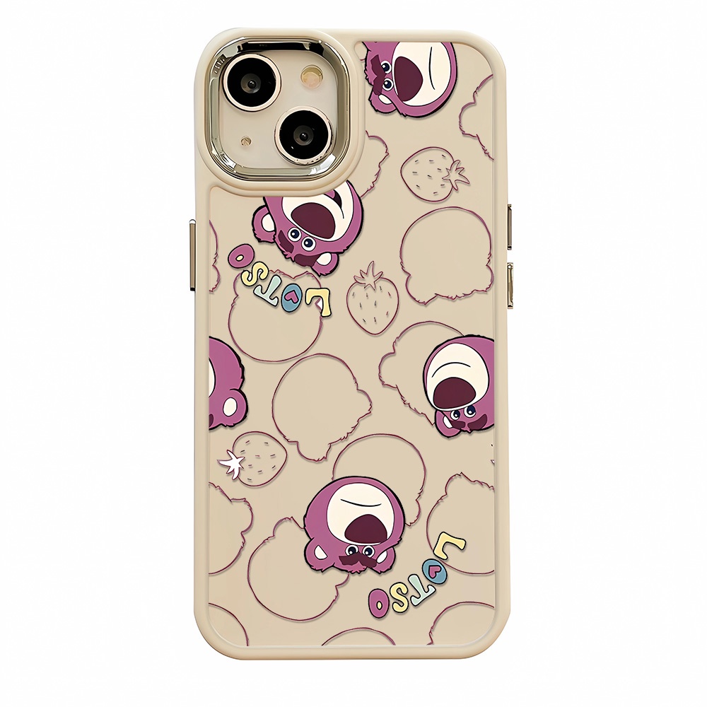 Ốp Điện Thoại Silicone Khung Kim Loại In Hình Gấu Dâu Tây Cho iphone 14ProMax 11 13 12 7Plus 8 X XS Max