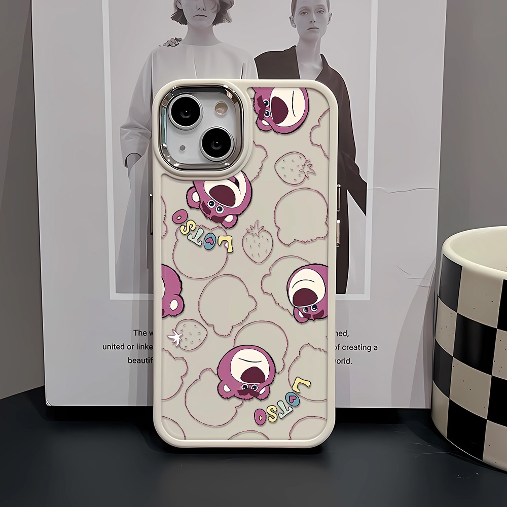 Ốp Điện Thoại Silicone Khung Kim Loại In Hình Gấu Dâu Tây Cho iphone 14ProMax 11 13 12 7Plus 8 X XS Max
