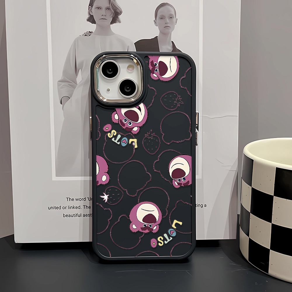 Ốp Điện Thoại Silicone Khung Kim Loại In Hình Gấu Dâu Tây Cho iphone 14ProMax 11 13 12 7Plus 8 X XS Max