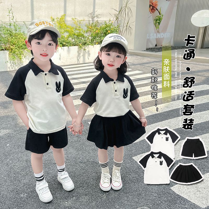 ✨Hàng Có Sẵn!✨ Bộ Đồ Hai Mảnh Áo Cotton Trơn Phong Cách Preppy Thời Trang Mùa Hè Hàn Quốc Mới Dành Cho Bé Trai Bé Gái