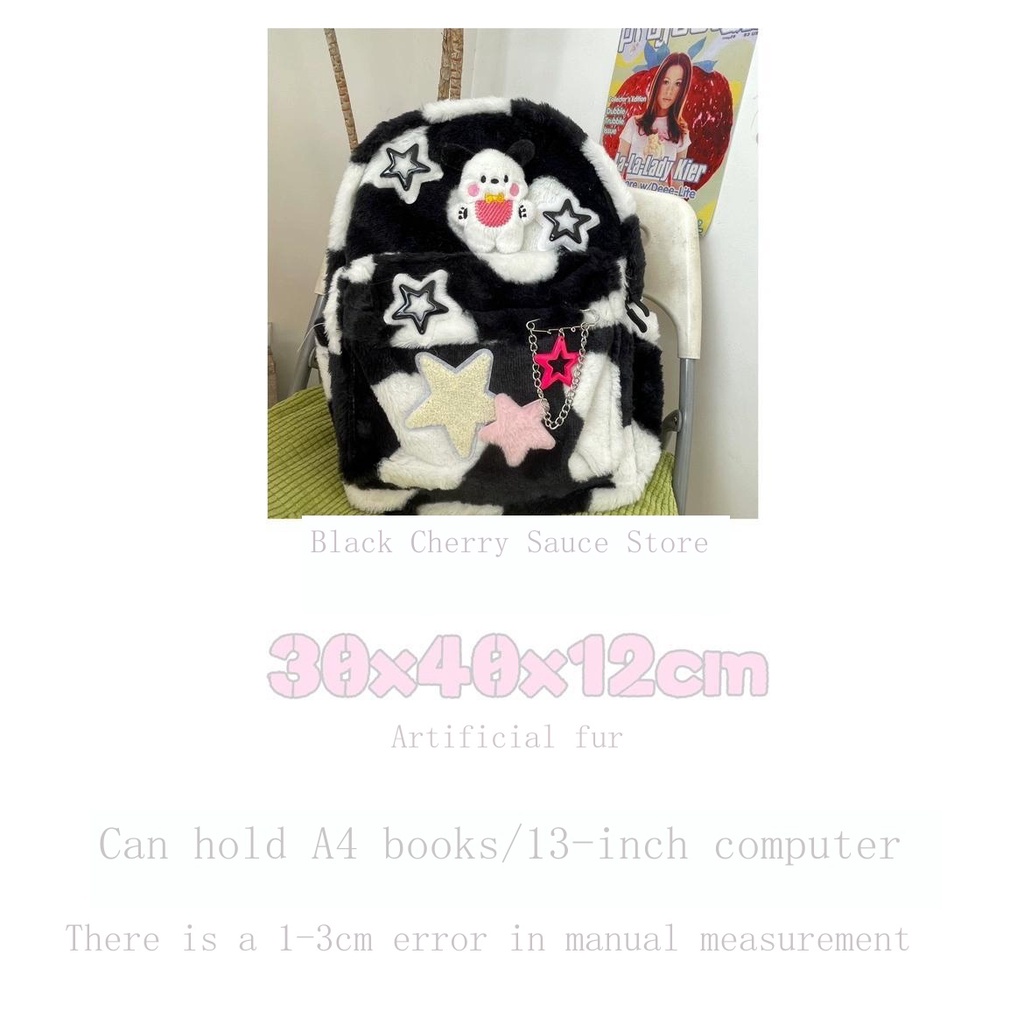 Chú Chó Sáp Mềm Màu Trắng Đen Handmade Dễ Phối Đồ ​​Ba Lô Vải Lông Sức Chứa Lớn Hình Ngôi Sao Có Dây Xích Đeo Vai