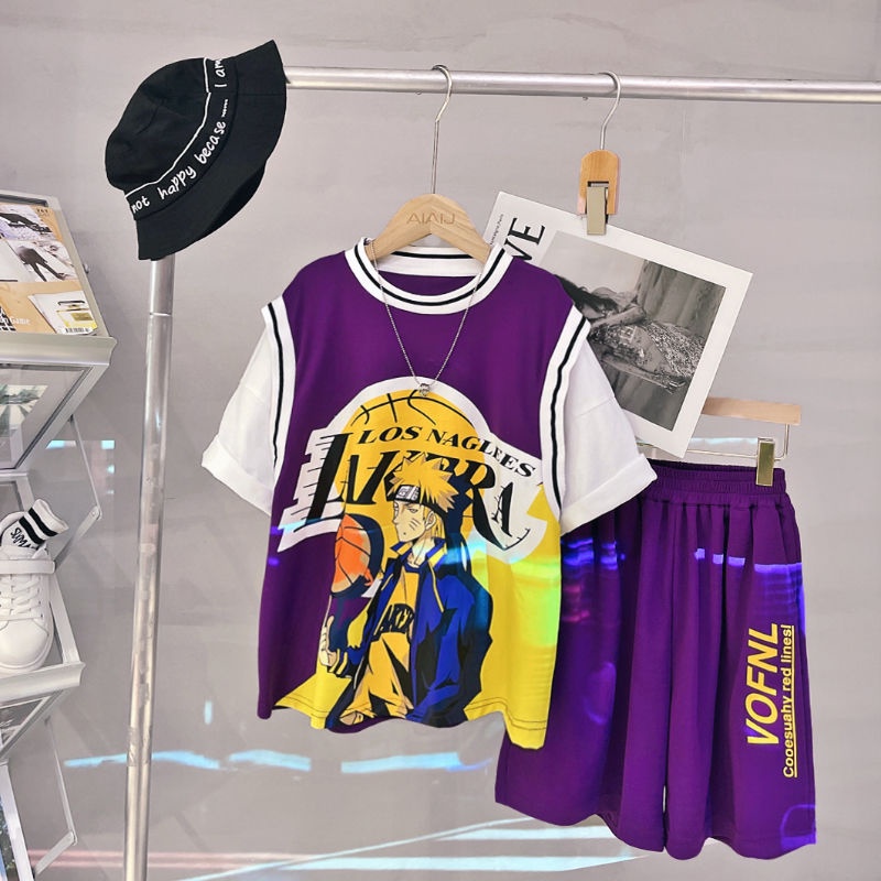 Bộ Đồ Thể Thao Giả Hai Mảnh Dáng Rộng Tay Ngắn Phong Cách Đường Phố Mỹ Cổ Điển Thời Trang Mùa Hè Dành Cho Bé Trai