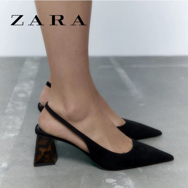 Zara đen slingback gót dày phong cách pháp sang trọng mules phụ nữ gót dày năm mới phong cách mới mũi nhọn bơm giày phụ nữ