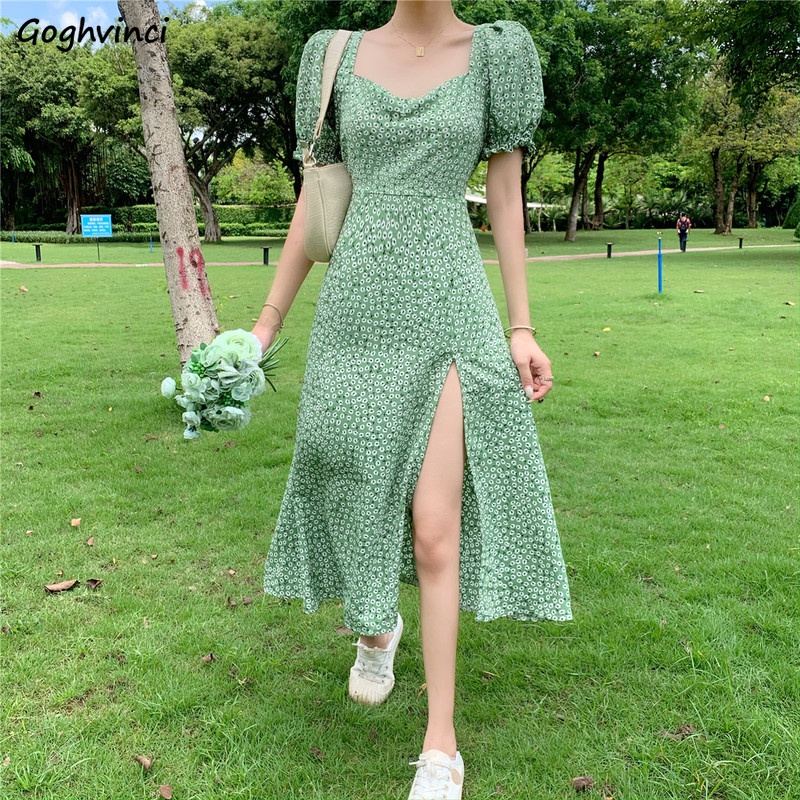 ดาวดวงเดียวกัน Đầm Cổ Điển Xẻ Bên Hoa Mùa Hè Đầm Dạo Phố Tay Phồng Mỏng Nhẹ Nhàng Gợi Cảm Cho Nữ Váy Cổ Vuông Đế Chế Ves