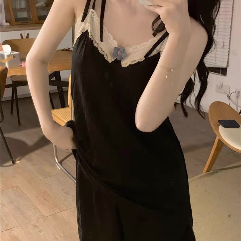 Đầm Ngủ Hai Dây Cổ Chữ V Màu Trơn Phối Ren Đơn Giản Thời Trang Mùa Hè Chất Lượng Cao Phong Cách Mới Cho Nữ