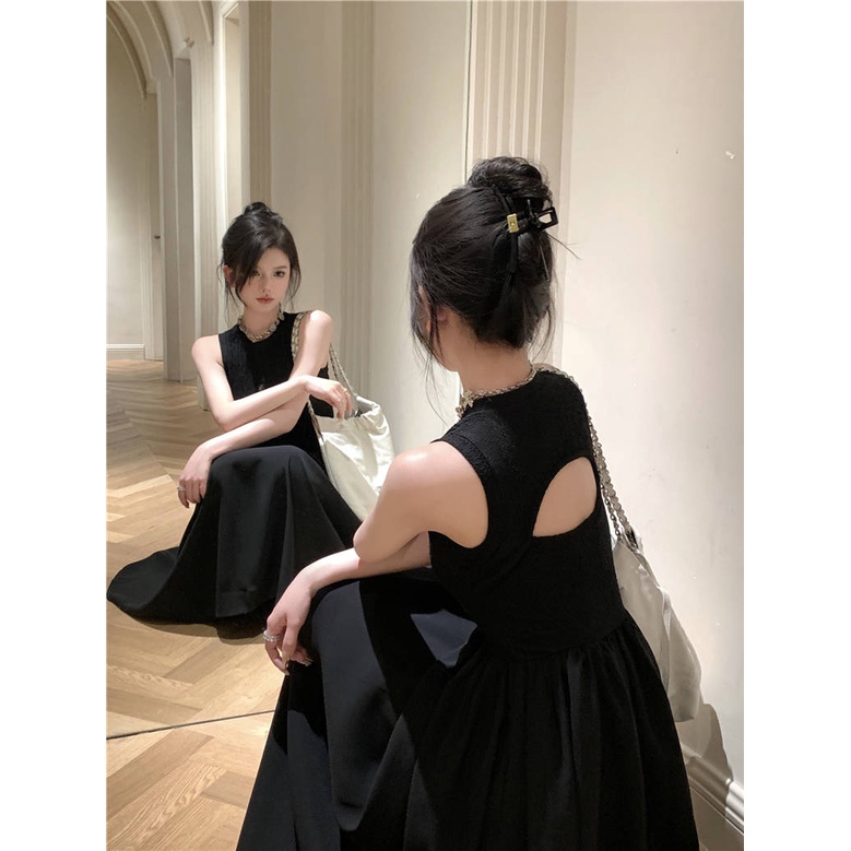 Đầm Dài Cổ Tròn Không Tay Hở Lưng Màu Đen Phong Cách Retro Dành Cho Nữ