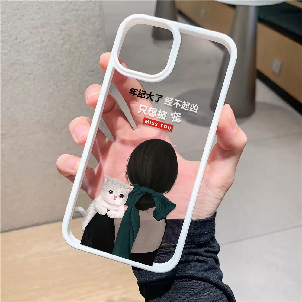 Ốp Điện Thoại Nhựa Acrylic Cứng Trong Suốt Hình Cô Gái Và Mèo Cho iphone 14 pro Max 11 13 12 7Plus 8 X XS Max