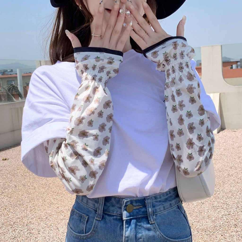 Găng Tay Chống Nắng Bằng Lụa Lạnh Thoáng Khí Họa Tiết Hoa Dành Cho Nữ