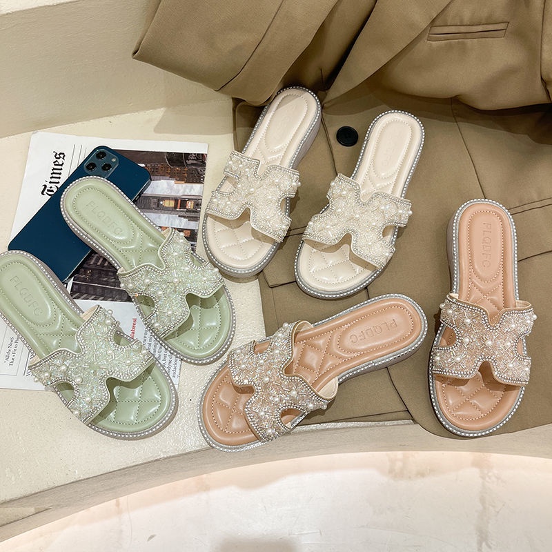 [Hàng Có Sẵn Giao Hàng Nhanh] Dép Xỏ Ngón Đính Đá Và Ngọc Trai Phiên Bản Mới Mùa Hè Hàn Quốc Cho Nữ