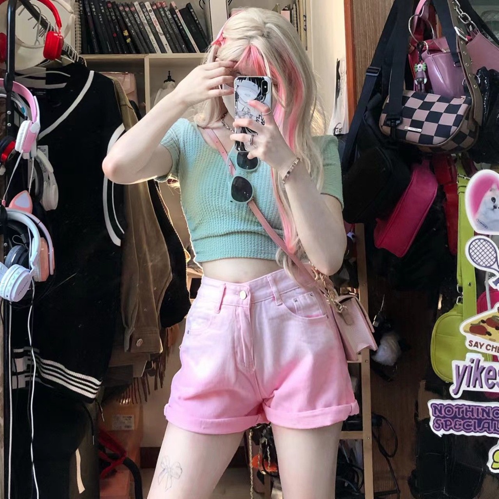 [Hàng Có Sẵn Giao Hàng Nhanh] Quần Short Denim Lưng Cao Dáng Rộng Màu Hồng Gradient Phong Cách Đường Phố Cho Nữ