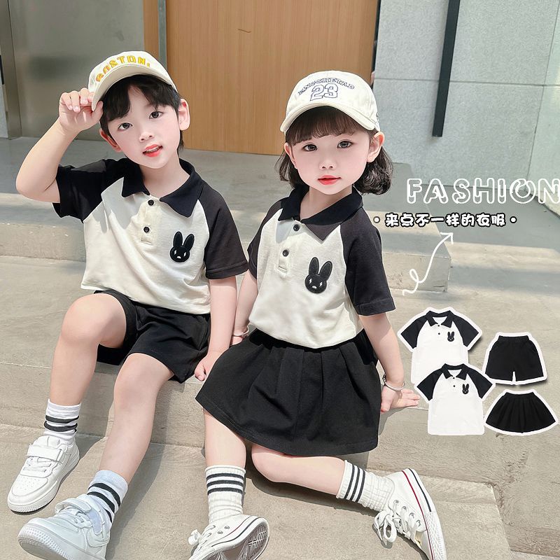 ✨Hàng Có Sẵn!✨ Bộ Đồ Hai Mảnh Áo Cotton Trơn Phong Cách Preppy Thời Trang Mùa Hè Hàn Quốc Mới Dành Cho Bé Trai Bé Gái