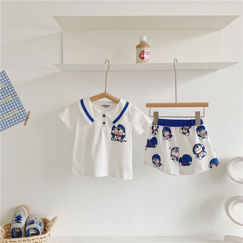 ✨Hàng Có Sẵn!✨ Bộ Áo Thun Ngắn Tay In Hoạt Hình Mèo + Quần Short Thời Trang Mùa Hè Cho Bé