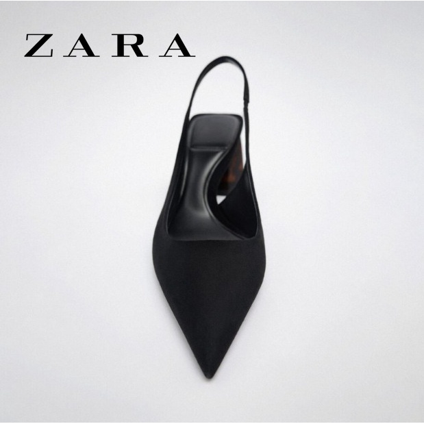 Zara đen slingback gót dày phong cách pháp sang trọng mules phụ nữ gót dày năm mới phong cách mới mũi nhọn bơm giày phụ nữ