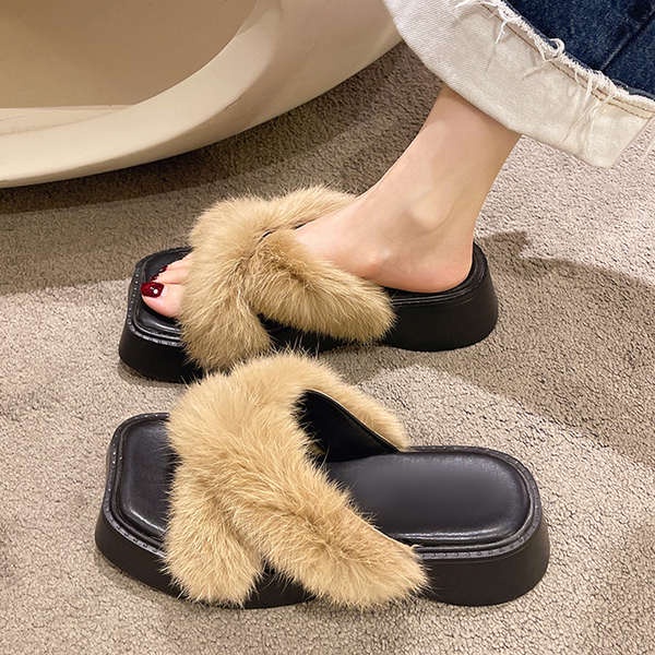 Dép Lông Quai Chéo Đế Dày Phong Cách Hàn Quốc