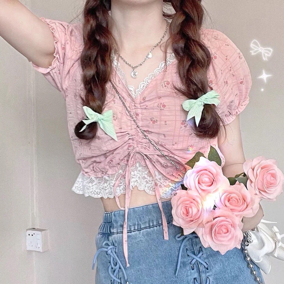 Áo Croptop Ôm Dáng Tay Phồng In Họa Tiết Hoa Quyến Rũ Thời Trang Cho Nữ