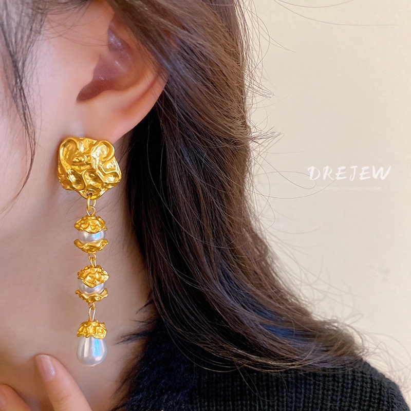 Khuyên tai DREJEW dáng dài đính ngọc trai phong cách Âu Mỹ thời trang cho nữ