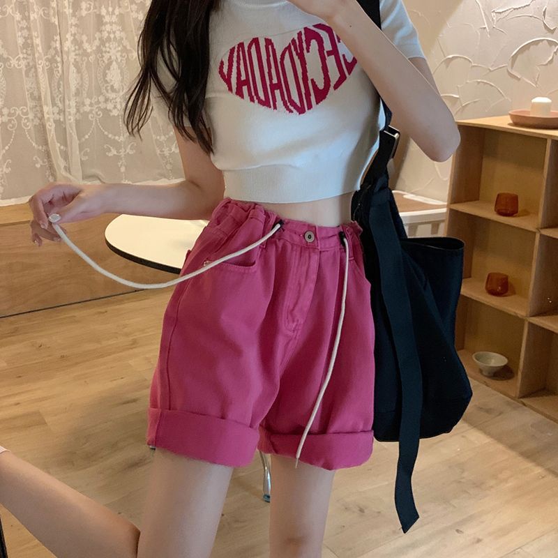 Jiashucheng Quần Short Jean Ống Rộng Lưng Cao Phối Dây Rút Phong Cách Mỹ Thời Trang Mùa Hè Mới Cho Nữ