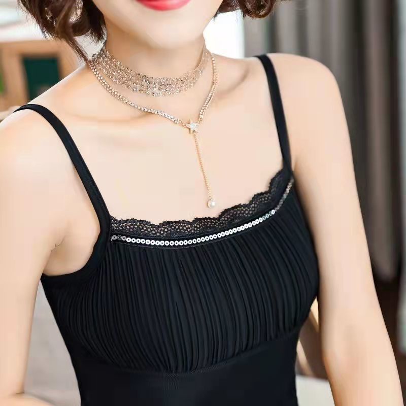 Áo Hai Dây Đính Kim Sa Xếp Ly Viền Ren Đẹp Mắt Chuyên Nghiệp Cho Nữ Mặc Bên Ngoài