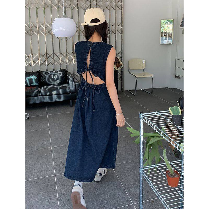 * * Ch n V y jean * 2023 Đầm Denim Dài Dáng Chữ a Không Tay Hở Lưng Phối Dây Rút Hở Lưng Phong Cách Pháp Ngọt Ngào Cho Nữ