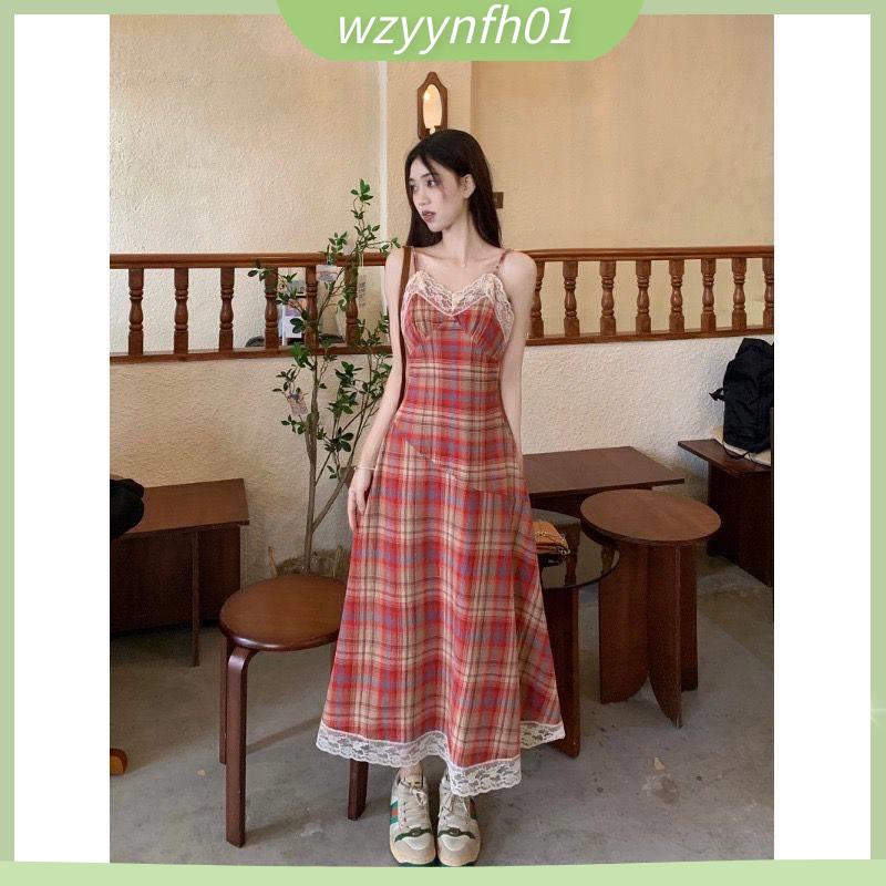 đầm cổ yếm váy yếm đầm babydoll Đầm Hai Dây Phối Ren Họa Tiết Kẻ Ô Phong Cách Pháp Cổ Điển Thời Trang Mùa Hè 2023 Mới