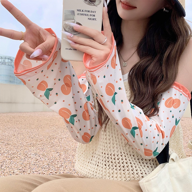 Găng Tay Chống Nắng Bằng Lụa Lạnh Họa Tiết Trái Cây Phong Cách Mới Bảo Vệ Cánh Tay Khi Lá