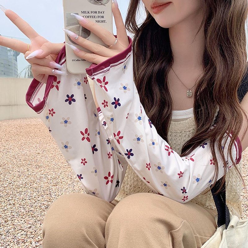 Găng Tay Chống Nắng Bằng Lụa Lạnh Dáng Rộng In Họa Tiết Hoa Nhỏ Thời Trang