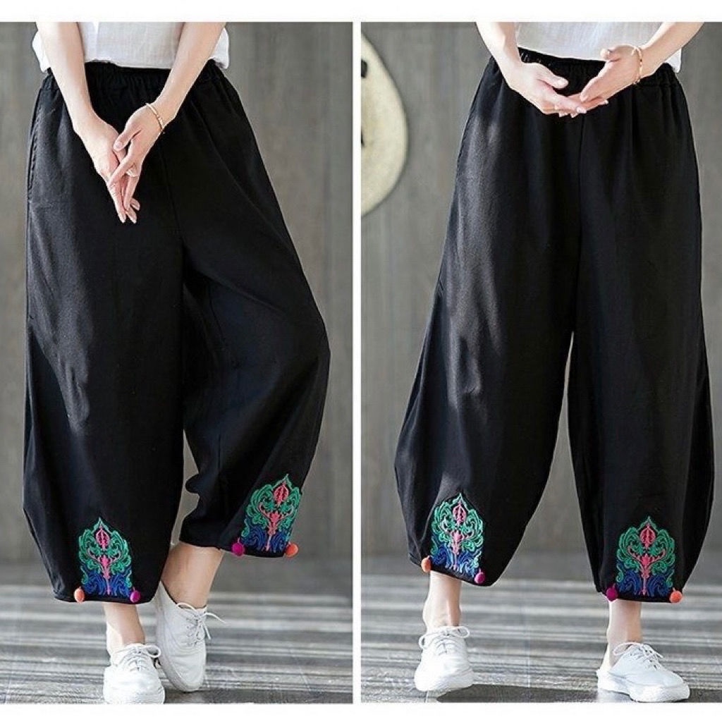 Quần Dài Vải Lanh Cotton Ống Rộng Lưng Thun Phong Cách Trung Hoa Mới Cho Nữ