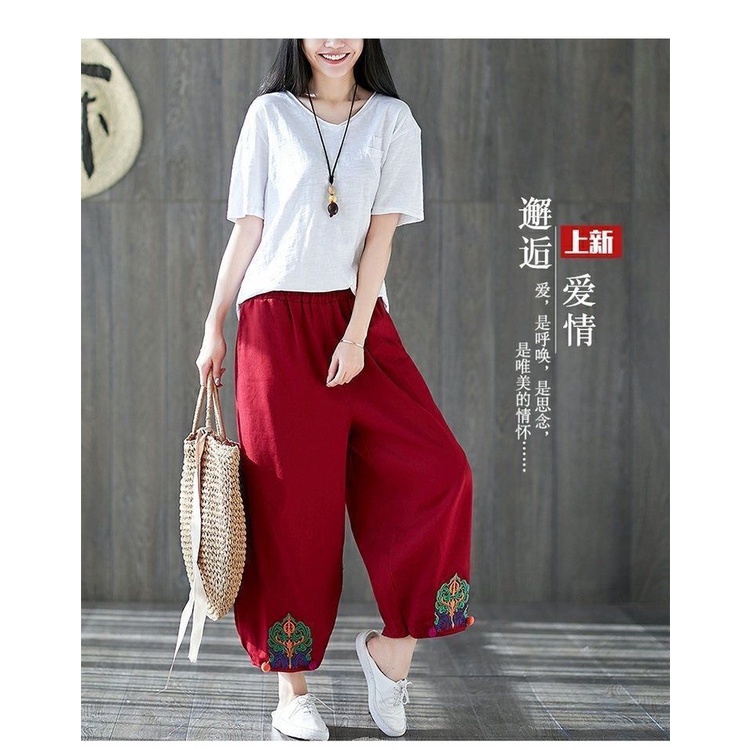 Quần Dài Vải Lanh Cotton Ống Rộng Lưng Thun Phong Cách Trung Hoa Mới Cho Nữ