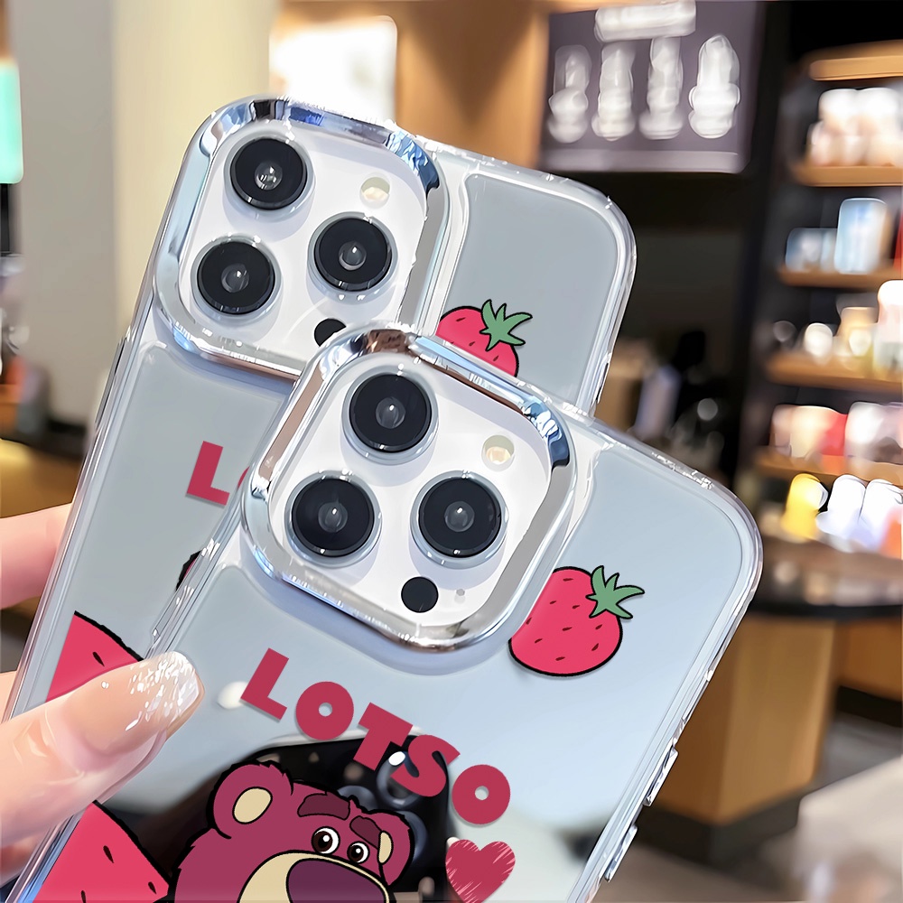 Ốp Điện Thoại Tráng Gương Viền Kim Loại Họa Tiết Gấu / Dâu Tây Cho iphone 14 pro max 11 12 13 8 7 Plus X XR XSMax