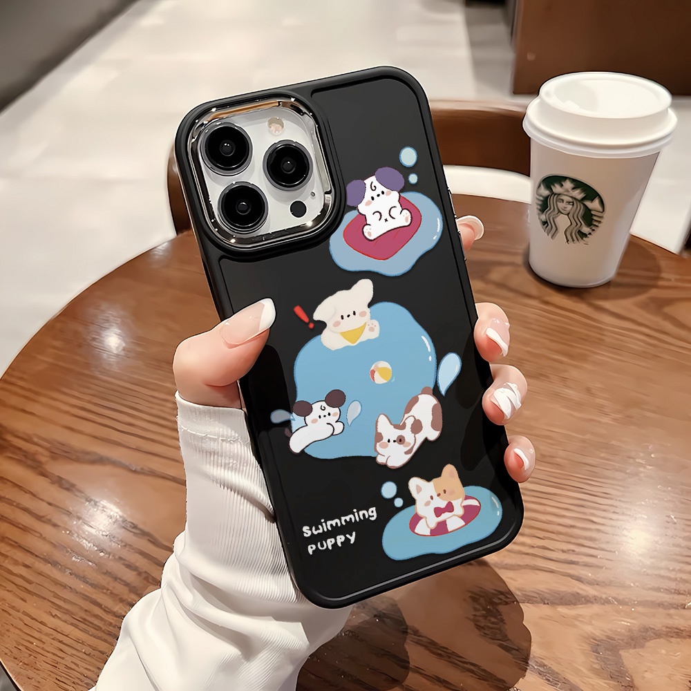 Ốp Điện Thoại Silicone Khung Kim Loại In Hình Chú Cún Bơi Lội Thời Trang Cho iphone 14ProMax 11 13 12 7Plus 8 X XS Max