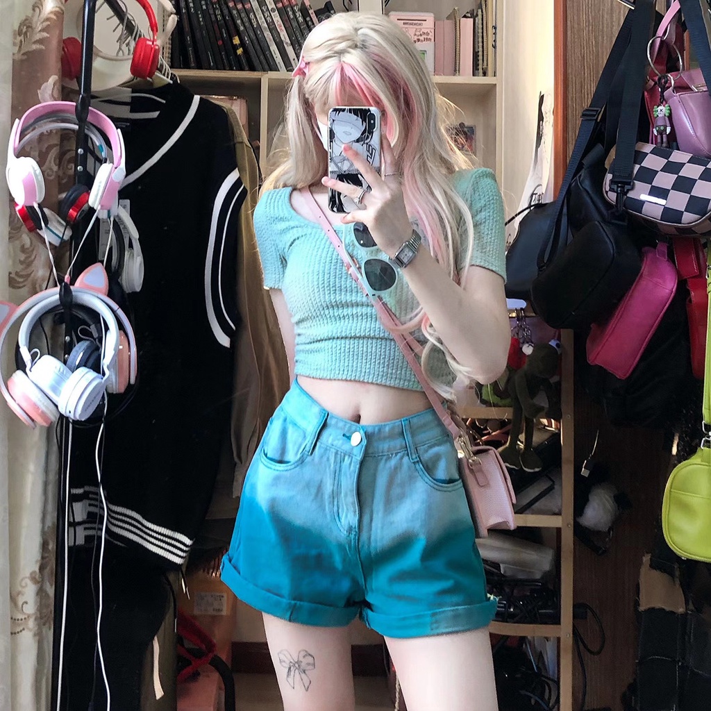 [Hàng Có Sẵn Giao Hàng Nhanh] Quần Short Denim Lưng Cao Dáng Rộng Màu Hồng Gradient Phong Cách Đường Phố Cho Nữ