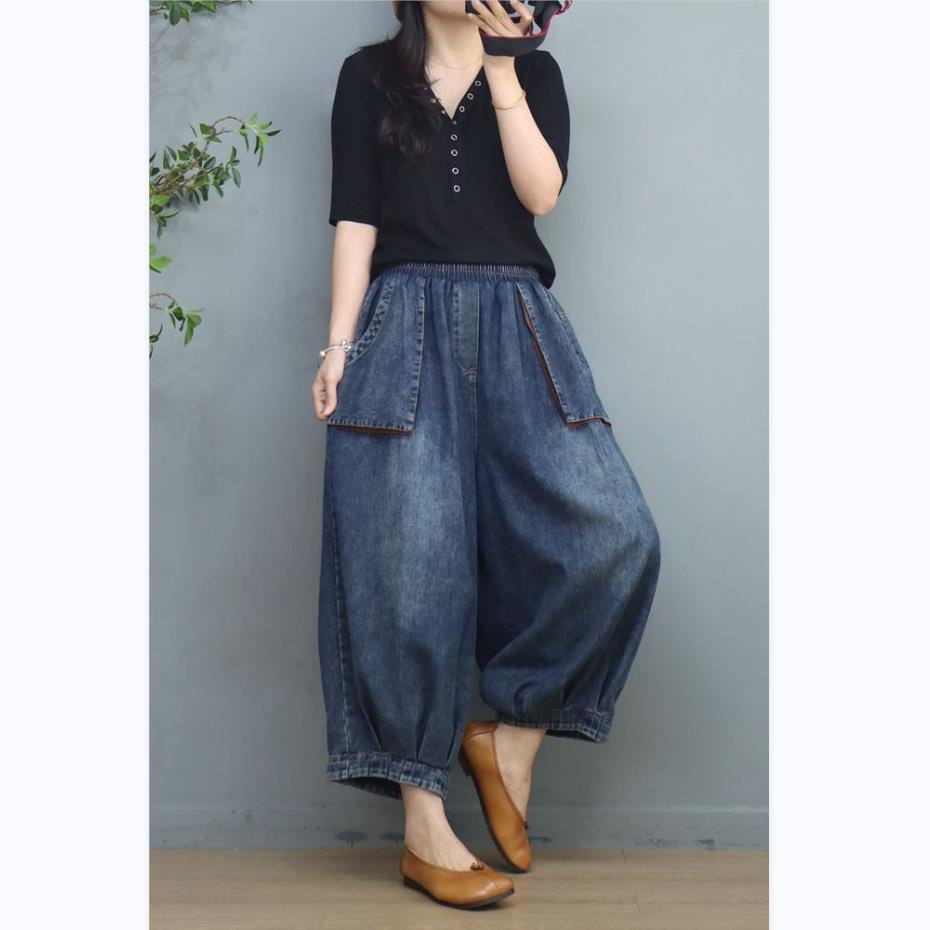 Quần Denim Ống Rộng Lưng Thun Thời Trang Dành Cho Nữ