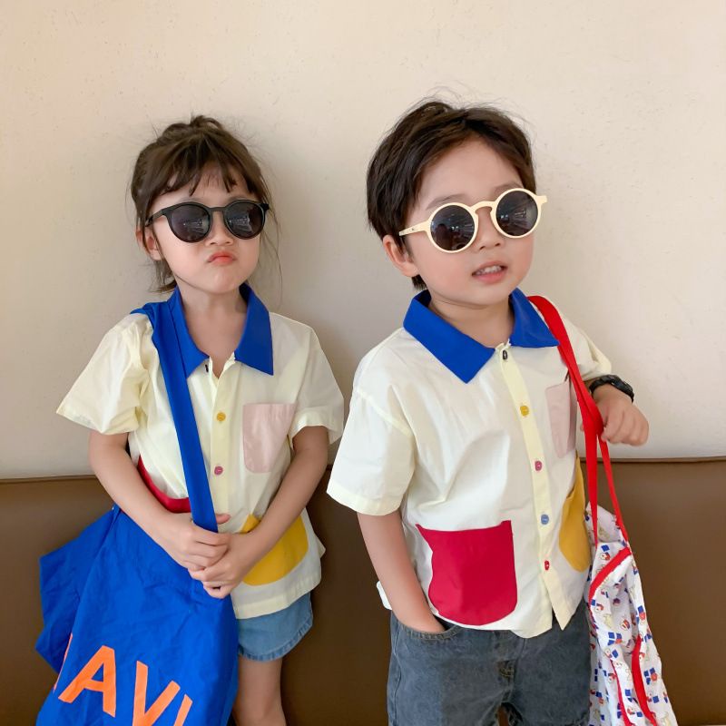 ✨Hàng Có Sẵn!✨ Áo Sơ Mi Tay Ngắn Phong Cách Hàn Quốc Thời Trang Mùa Hè 2023 Dành Cho Bé Trai Gái