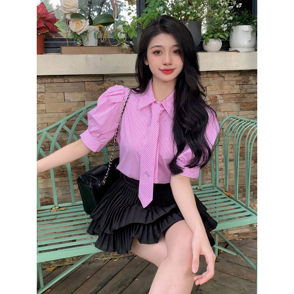 Áo Sơ Mi Tay Ngắn Phồng Họa Tiết Kẻ Sọc Màu Hồng Ngọt Ngào Thời Trang Mùa Hè Cho Nữ