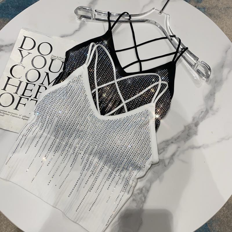 Jiashucheng Áo Hai Dây Dáng Ôm Hở Lưng Có Đệm Ngực Đính Kim Cương Nóng Bỏng Phong Cách Phương Tây Cho Nữ