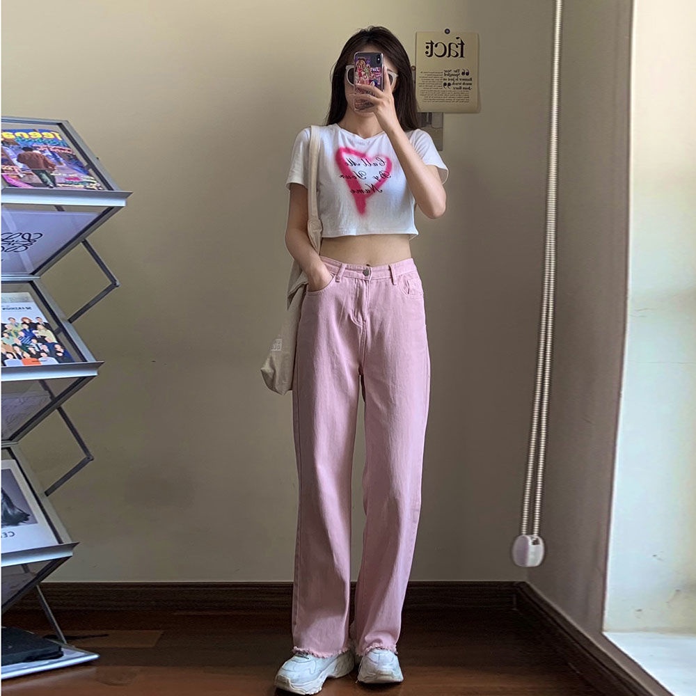 [Ưu Đãi Đặc Biệt Mua Và Tai] Quần Jean Nữ Thẳng Lưng Cao Ống Rộng Màu Hồng Nhìn Raw Mặc Sàn