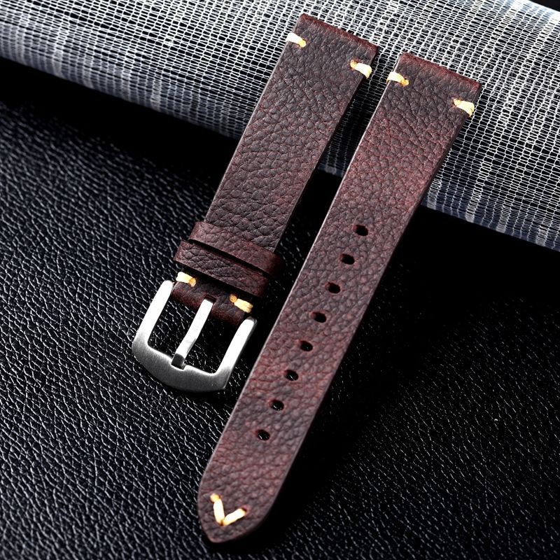 4/9✈Dây Da Đồng Hồ Đeo Tay 18 19 20 21 22mm Màu Nâu Đỏ Phong Cách retro Cho Nam